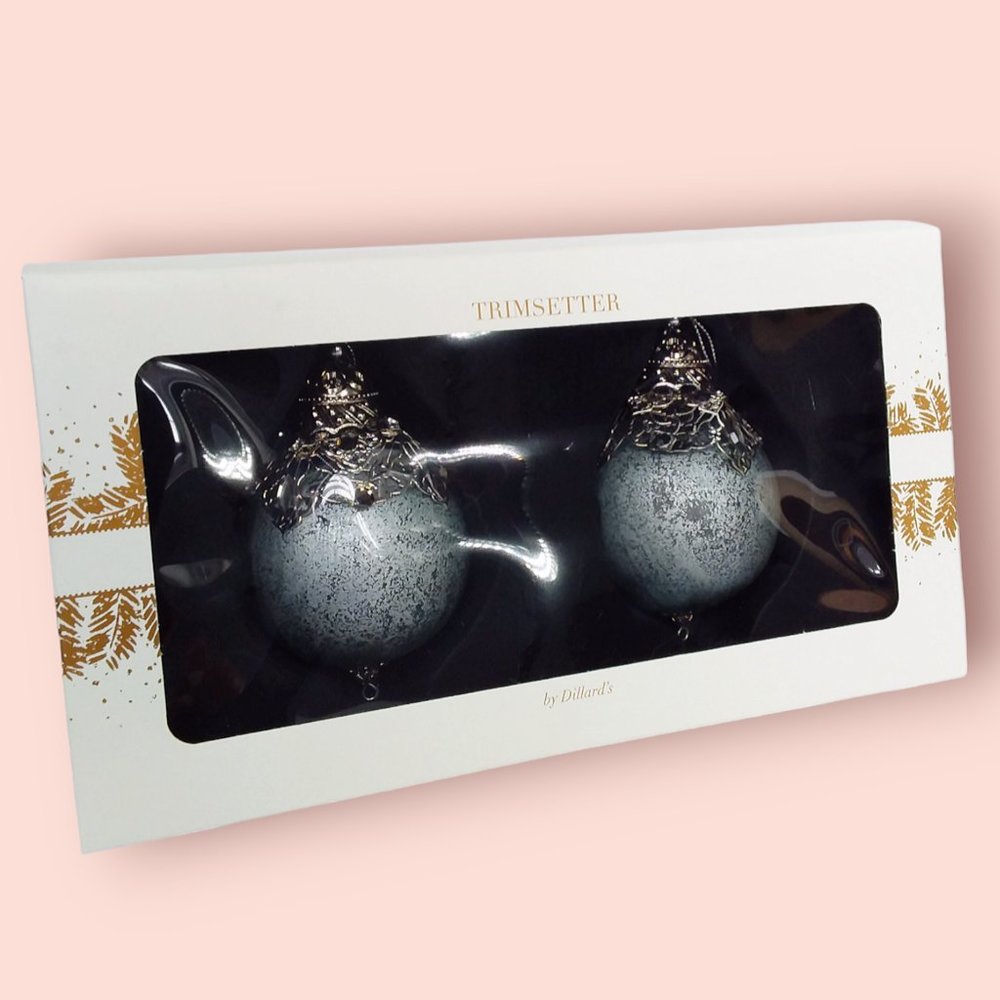 Trimsetter Christmas Ornaments Blown Glass Round Brushed Silver Fancy Gems NIB